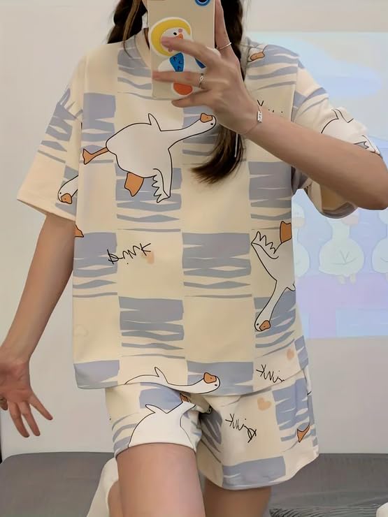 Image of Lunza Women's Cotton Blend Pajama Set, Short Sleeve T-Shirt and Shorts, Cute Bear Print Nightwear