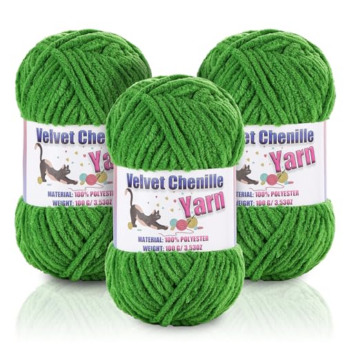 Image of 3 * 100g /3.5oz Fluffy Chenille Yarn for Crocheting, Chunky Velvet Yarn for Crochet Amigurumi, Used for Making Baby Yarns Blanket, Clothes, Pattern Knitting Creations (Green)