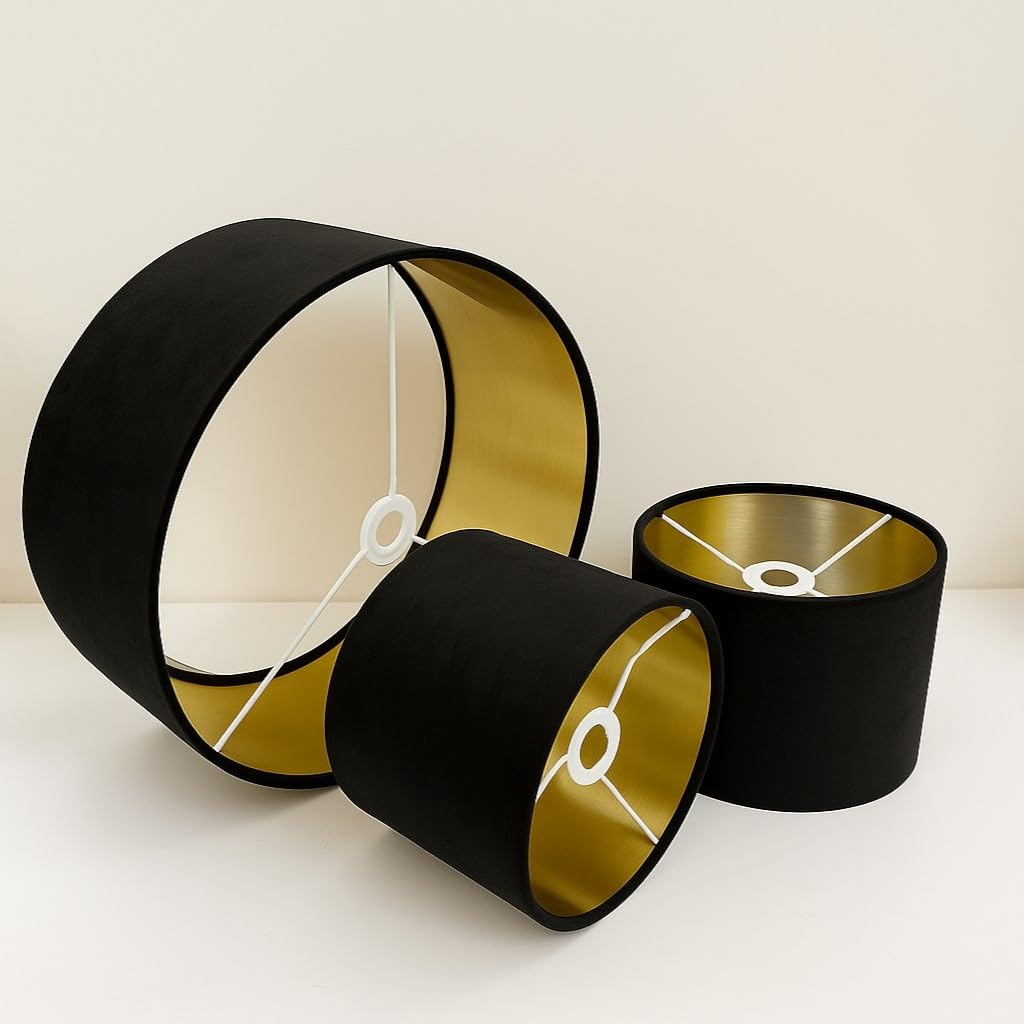Plush Velvet Lampshade for Ceiling Shade, Table, Floor Lampshade with Brushed Gold Lining Handmade in The UK. (Black, Diameter 20 x 20cm Height)