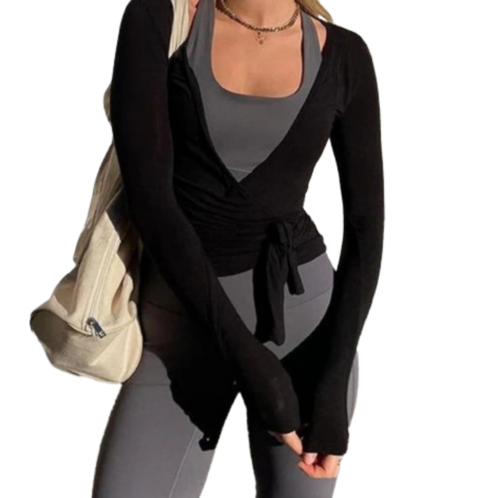 Women Ballet Wrap Top Ballet Cover Up Cross Tie Long Sleeve Deep V Neck Blusa Fitted Yoga Workout Wrap Top Pilates