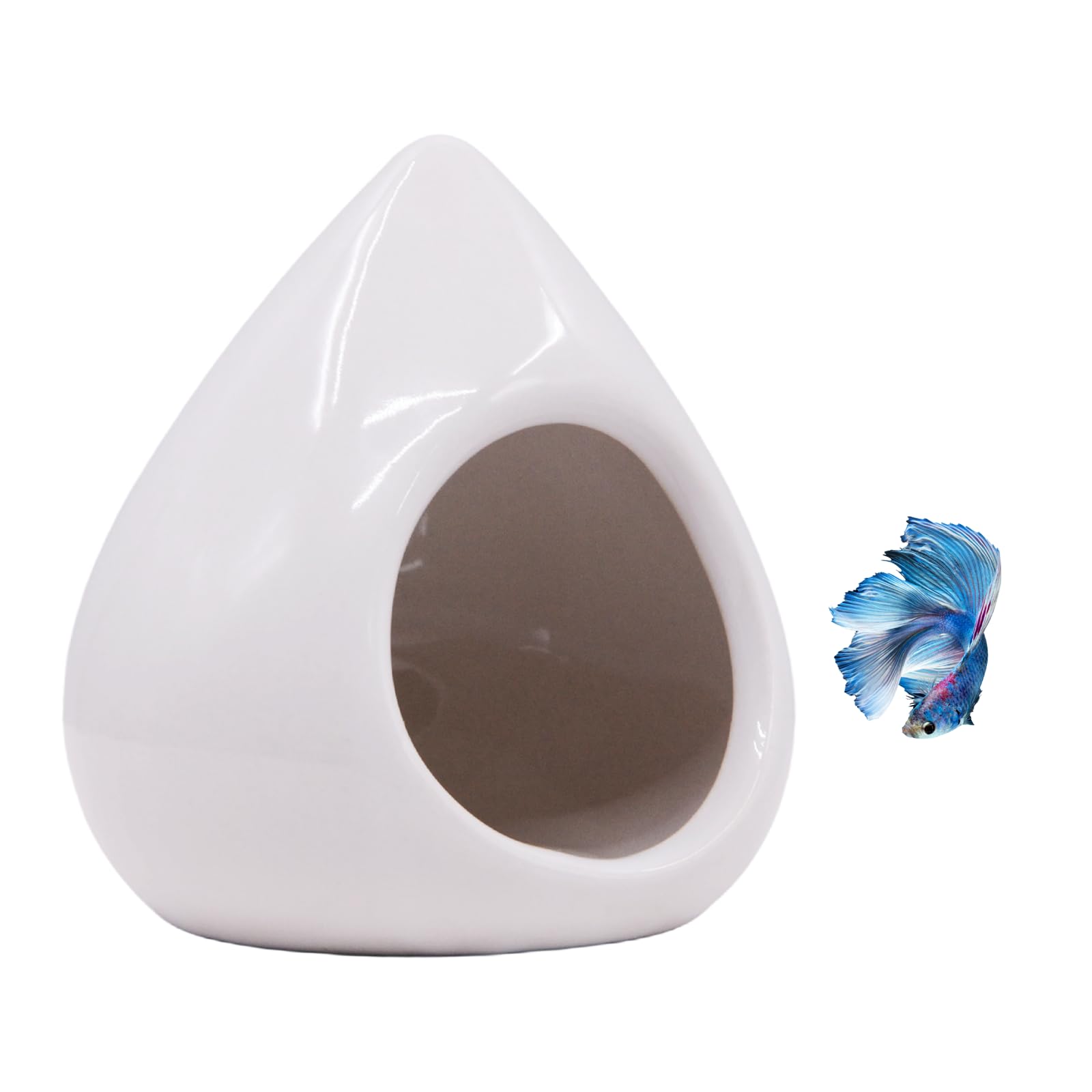 MC MEICHUANG Ceramic Aquarium Teardrop Cave, Smooth Glazed Hideaway, Fish Tank Ornament, Safe Shelter for Betta Shrimp Cichlid, Ideal for Tanks Landscape Decor(White)