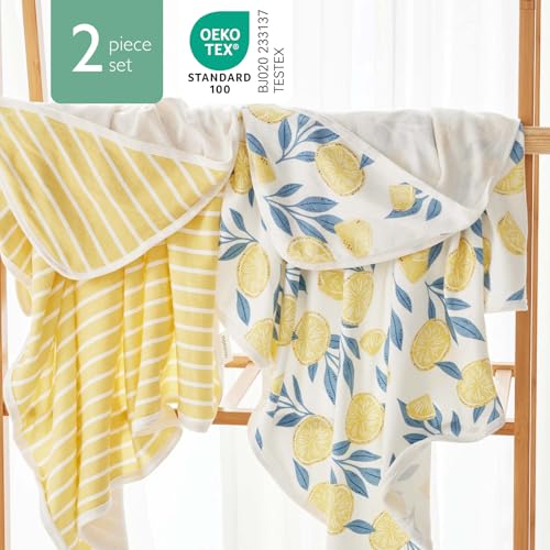 Image of Momcozy Hooded Baby Towel, 2 Pack Baby Bath Towel Set with Large 35 X 35 Inch, Super Soft Cotton and Hooded Towel for Newborn, Toddler and Kid, Lemon Leaves