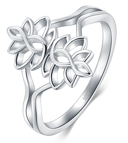BORUO 925 Sterling Silver Ring, Lotus Flower Yoga High Polish Tarnish Resistant Comfort Fit Wedding Band Ring Size 4-12
