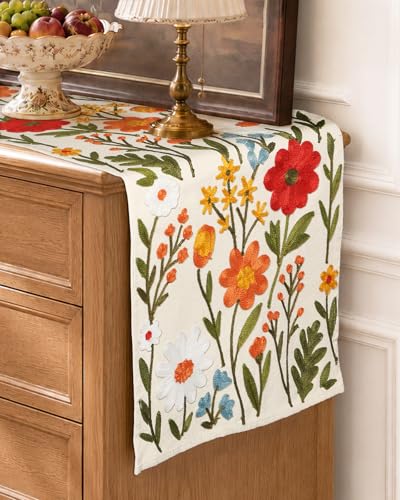 Miss Adola Embroidered Canvas Table Runner 13"x72", Wild Flower - Image 6