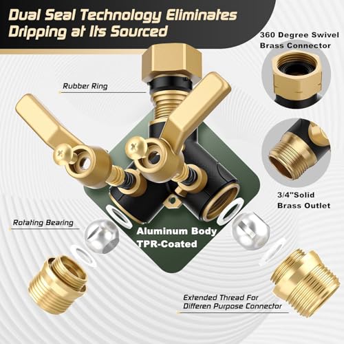 Image of Hose Splitter 2 Way Heavy Duty, Garden Hose Splitter- Full Metal Body Y Type with Dual Shut Off Valves, 3 /4 inch Standard Threads, Leak-Proof Dual Outlet Splitter for Sprinklers and Irrigation Systems