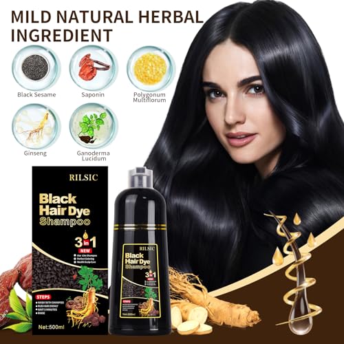 GFEUGS Haarfarbe Haarfärbeshampoo, 500ML Hair Dye Shampoo 3 in 1 Gegen Graue Haare, Hair Color Sofort Haarfarbe Shampoo Tönungsshampoo, Farbshampoo Haartönung für Männer Frauen (Schwarze)
