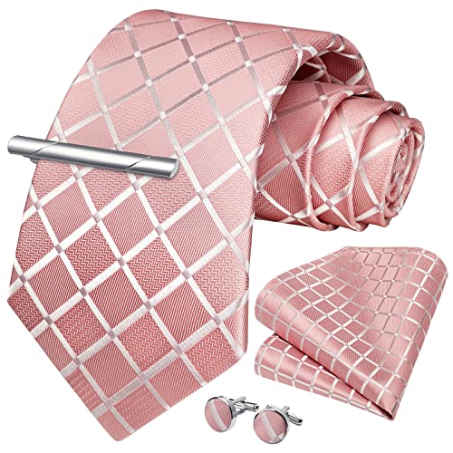 Image of HISDERN Plaid Ties for Men Classic Checkered Tie and Pocket Square Cufflinks Tie Clip Set Woven Men's Necktie Business