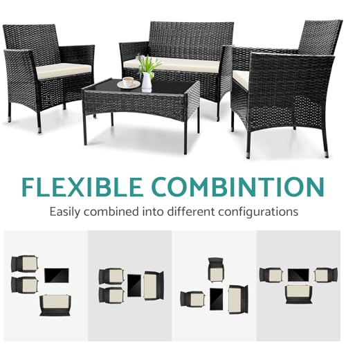 Image of Patio Furniture Set, 4 Piece Sectional Conversation Sofa, Outdoor Wicker Rattan Table and Chairs with Thick Cushion for Garden, Yard, or Porch