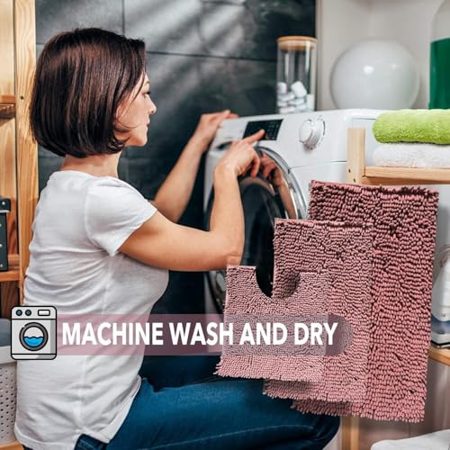 Image of Chenille Bathroom Rugs Set 3 Piece Bath Mats for Bathoom Non-Slip Luxury Bathroom Rug Extra Soft and Absorbent Shaggy Rugs Washable Dry Plush Area Carpet