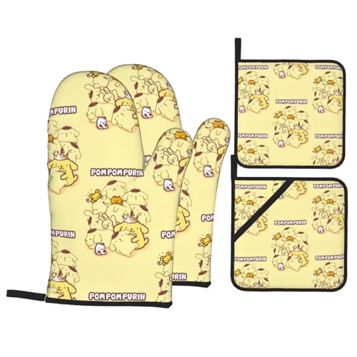 ポムポムプリン 【4点セット】鍋つかみ ミトン オーブンミトン 鍋敷き 耐熱鍋つかみ 耐熱ミトン 耐熱グローブ やけど防止 アウトドア用 業務用 クッキング用 左右兼用 男女兼用 アニメ キャラクター