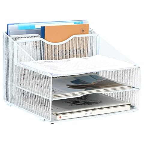 EasyPAG 3 Tier Desktop A4 Mesh in Tray Office Desk Tidy File Holder Paper Organiser Magazine Storage Shelf Filing Rack,White Cover