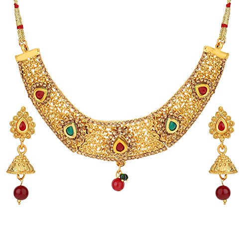 Efulgenz Indian Bollywood Traditional Red Green Rhinestone Faux Ruby Emerald Heavy Bridal Designer Jewelry Choker Necklace Set for Women and Girls (Style 7)