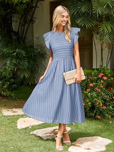 Image of Simplee Womens Striped Midi Summer Dress Linen Smocked Flutter Short Sleeve Dress Flowy Casual Dress with Pockets