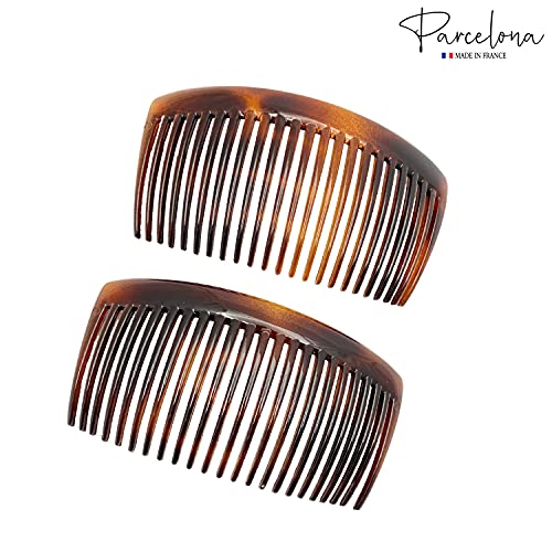 Parcelona French Glossy 23 Teeth Large 4 1/4" Celluloid Acetate Set Of 2 No Slip Grip Side Hair Combs For Women, Made In France (Tortoise Shell Brown) #TOP6