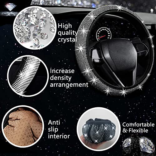 Image of NBTEPEM 27 PCs Bling Car Accessories Set for Women, Steering Wheel Covers Universal Fit 15 Inch, Bling License Plate Frame, Bling Phone Holder, Bling Car Coasters (Silver Diamond)