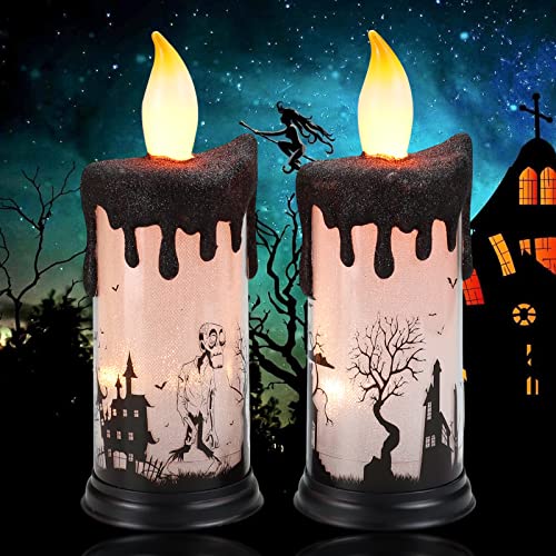 2 Pcs Halloween Flameless Candles ,Flickering Led Pillar Candles, Battery Operated Led Candle Ghost Castle Skull For Halloween Celebration Parties （Without Battery） #TOP6
