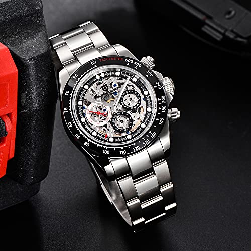 Pagani Design Luxury Men's Automatic Mechanical Watches Skeleton Dial Stainless Steel Rainbow Bezel Rubber Strap 100M Waterproof Sports Wristwatch (1653-Black-Stainless Steel) #TOP1