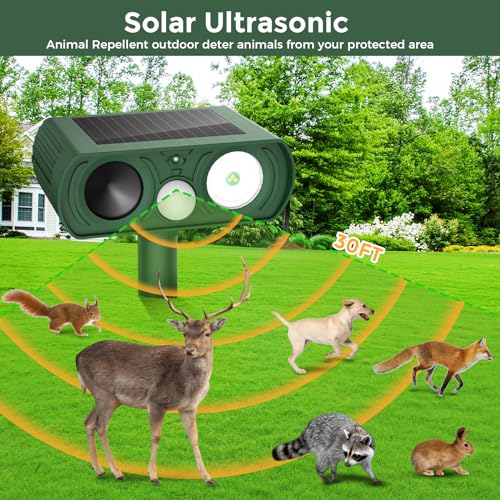 Solar Ultrasonic Animal Repellent Outdoor, Cat Squirrel Mouse Raccoon Dog Bird Repellent Deterrent Motion Detection, Deer Repellent Devices Waterproof with LED Flash Light for Yard Farm Garden
