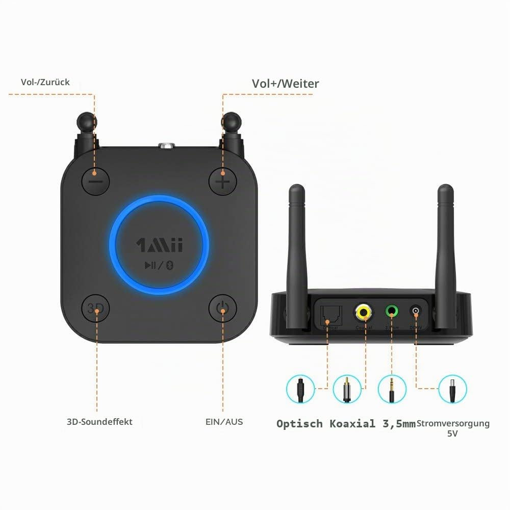 1Mii Aux Bluetooth Adapter, aptX Low Latency Bluetooth empfänger Audio, Bluetooth 5.0 Receiver mit Optical RCA AUX 3.5mm Koaxial für Home Stereoanlage…