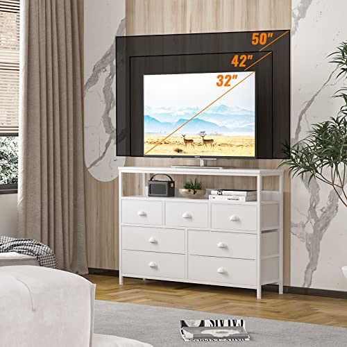 Furologee Dresser Tv Stand, Console Sofa Table With 7 Drawers And 2-Tier Open Shelves, Entertainment Center For 45" Tv, Storage Fabric Dresser Drawer Unit For Bedroom, Living Room, Entryway, White #TOP3