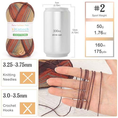 Image of Katech 1OO% Ombre Cotton Yarn for Crocheting - 2 Sport Weight Baby Yarn for Knitting - 6 Pcs of 50g(1.76oz) /160m(175yd), Fine Soft Multicolor Yarns for Baby Blankets, Afghans, Shawls, Dress, Hats (D)