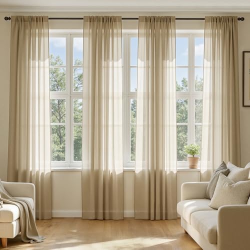 MIULEE Beige Sheer Curtains 102 Inches Long 4 Panels Set Light Filtering Rod Pocket Voile Drapes for Living Room and Bedroom Airy Soft Fabric Window Treatments 42 x 102 Inches