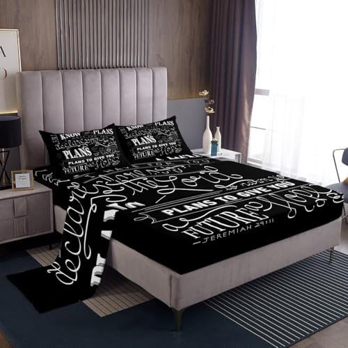 Vintage Bible Verse Sheet Set Christian Bible Verse Jeremiah Bed Sheets Set for Boys Children Bedroom Decor Modern Sheets with Deep Pocket Fitted Sheet Black Bedding Queen Size With 2 Pillow Case