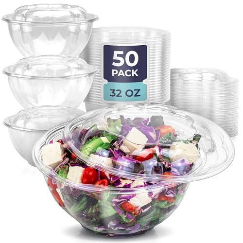 Fit Meal Prep 50 Pack 32 oz Disposable Plastic Clear Salad Bowls with Airtight Lids - To Go for Lunch Takeout Party Catering Picnic
