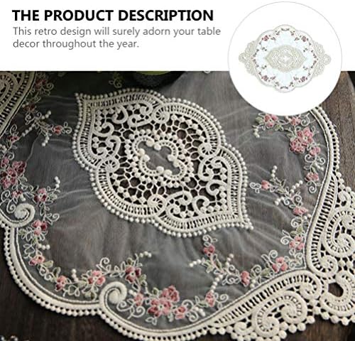 HEMOTON Lace Embroidered Placemat Bedside Table Cover Flower Doilies Scarves Embroidered Table Cloth Wedding Party Furniture Cover Home Decorations Cabinet Tablecloth 38cm*26cm
