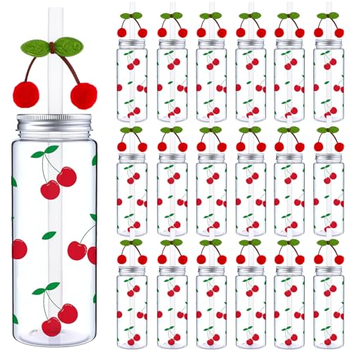 SiliFine 24 Pcs 14 oz Cherry Disposable Plastic Cups with Lids, Straws & Red Cherry Straw Toppers Cute Coquette Cold Beverage Drinking Cups for Princess Birthday, Wedding Party Supplies