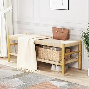 Recaceik Indoor Entryway Bench with Paper Cord Ottoman & Grid Storage Rack and 2 Baskets, Mid-Century Long Bench with Rubber Wood Legs, French Vanity End Bed Bench for Bedroom Living Room Channel Recaceik Indoor Entryway Bench with Paper Cord Ottoman Grid Storage Rack and 2 Baskets Mid Century Long Bench with Rubber Wood Legs French Vanity End Bed Bench for Bedroom Living Room Channel
