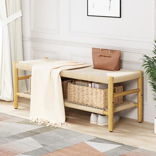 Recaceik-Indoor-Entryway-Bench-with-Paper-Cord-Ottoman-Grid-Storage-Rack-and-2-Baskets-Mid-Century-Long-Bench-with-Rubber-Wood-Legs-French-Vanity-End-Bed-Bench-for-Bedroom-Living-Room-Channel Recaceik Indoor Entryway Bench with Paper Cord Ottoman Grid Storage Rack and 2 Baskets Mid Century Long Bench with Rubber Wood Legs French Vanity End Bed Bench for Bedroom Living Room Channel