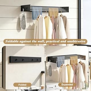 Séchoir à linge mural avec crochets de mise à niveau, simple, pliable, pour l'intérieur ou l'extérieur, extensible pour balcon, 60 cm avec 4 crochets, noir