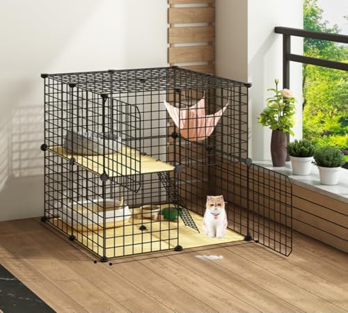 Fiozwea ペット猫用 家庭用 屋内 2層式 猫ベッド トイレ付き 大型ハムスター用 ユニバーサルホイール付き (75*75*73 CM,黒)