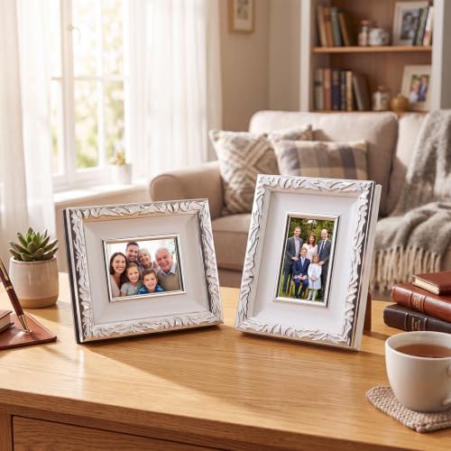 Image of 12 Pack 2 x 3 Inch White Silver Small Picture Frames Bulk | Resin Vintage Mini Antique Ornate Retro Baroque Photo Frames, for Wall Hanging Tabletop Home Decor, Wedding Christmas Display