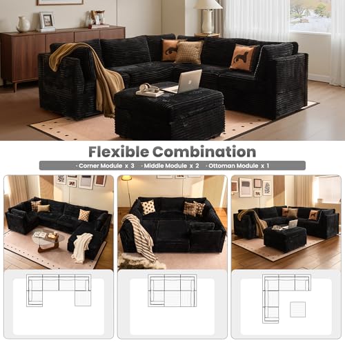 Image of ovios Modular Sectional Sofa Couch with L-Shape Chaise Ottoman, Comfy Plush Corduroy Cloud Couches, Modern Luxury Deep Seat Sofas Set for Living Room, 6-Seater, Black