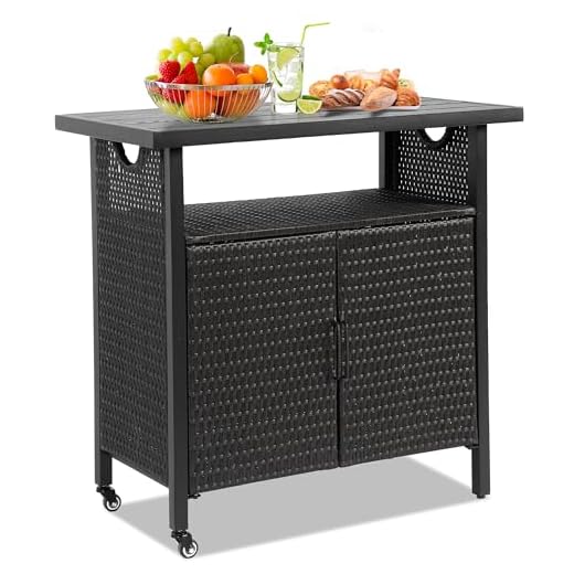HOMEFUN Outdoor Bar Table Featuring Storage Cabinet: Wheeled Patio Serving Carts, Wicker Grill Cart Prep Station & Rolling Kitchen Island for Patio, Backyard and Outside Use, in Black