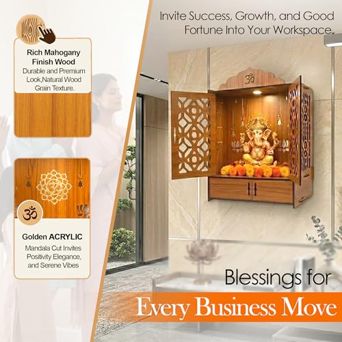 Image of Pack of 1 Wooden MDF Temple Mandir for Home & Shops, Size 51x37x27 Cm1 Piece LED Light & Complete Wall Mount Kit with Door & Cabinet with Storage Space, Assembly Required, Pooja Mandir