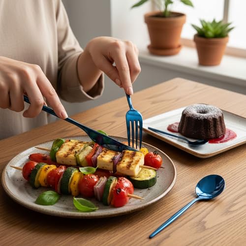Image of 20 Pcs Blue Slim Handle Stainless Steel Cutlery Set for Dining Table with Spoons and Forks Set + Butterknives - The Perfect Tableware /Flatware
