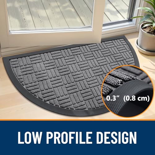 Image of OLANLY Half Circle Door Mat Outside Entrance 29.5x17, Absorbent, Heavy Duty Sturdy Natural Rubber Doormat Indoor Outdoor, Fade Resistant, Non-Slip Backing Low Profile Floor Mat for Entryway, Grey