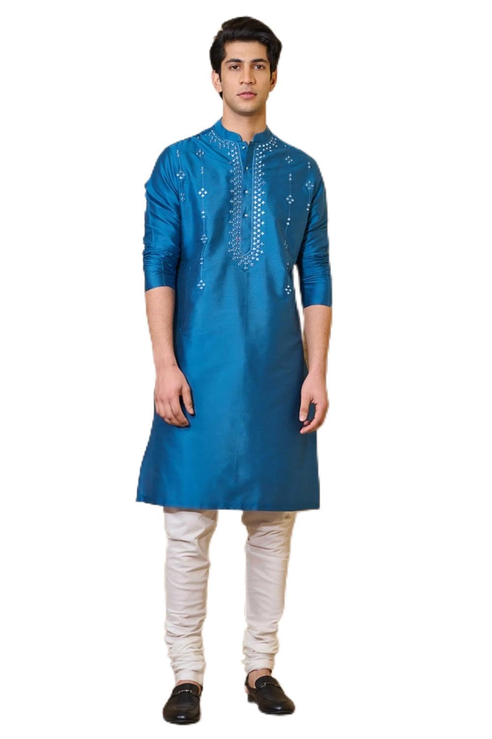 Medium Blue Kurta Set With Mirror Work Highlights For Men-image-5