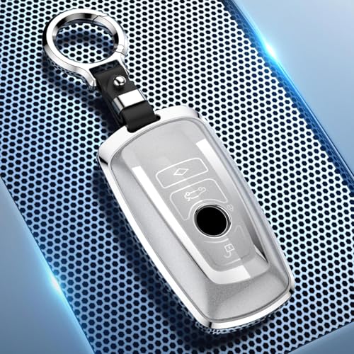 QIULIFAN Key Cover for BMW 1 3 4 5 7 X3 X4 M5 M6 GT3 GT5 Series Key Fob 4 Buttons Aluminium Alloy Key Case with Key Ring, Silver