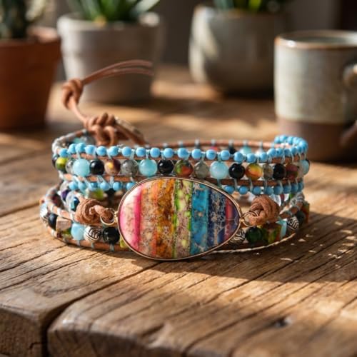 Image of YGLINE Boho Handmade Natural Stone Wrap Bracelets Jasper Crystal Beads Bracelet Jewelry