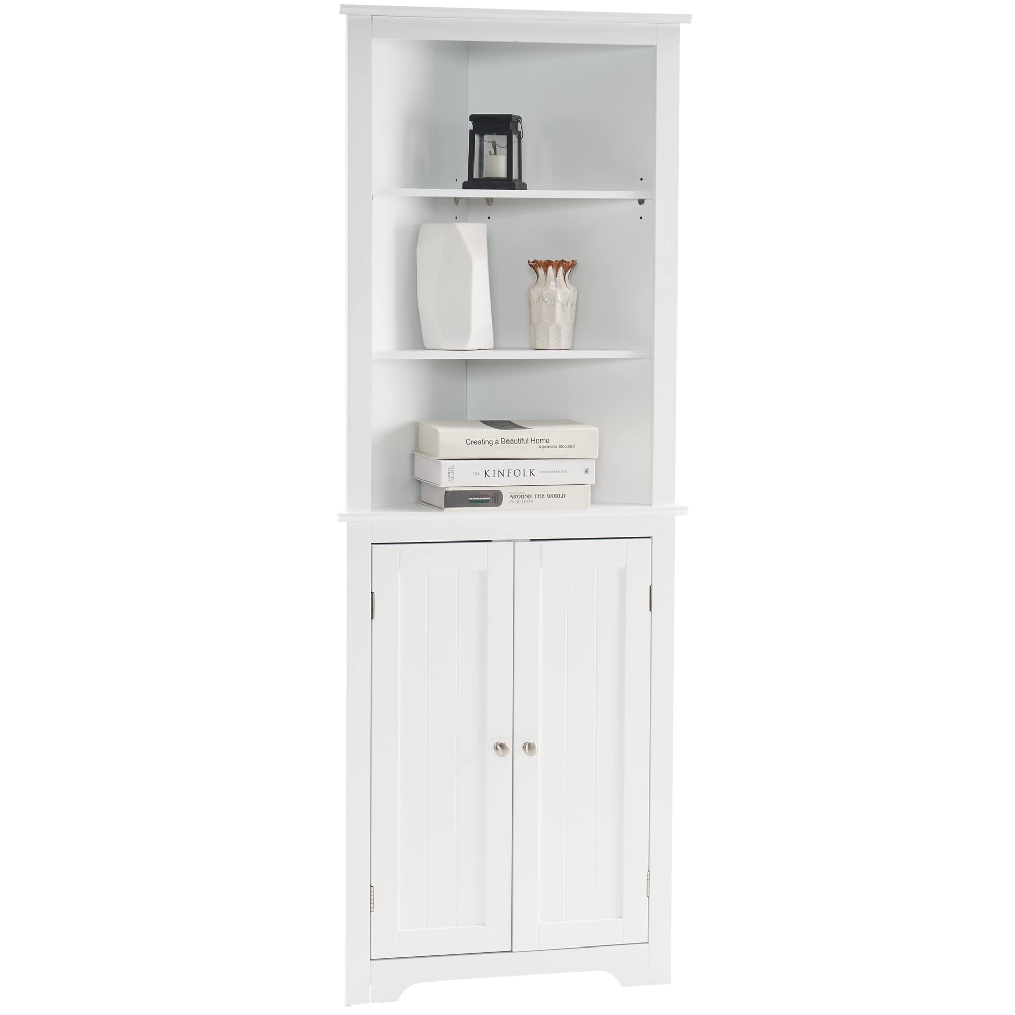 ivinta Tall Corner Cabinet with Two Doors, Adjustable Shelves and Waterproof Design, Free Standing Corner Storage Cabinet for Bathroom, Living Room, Kitchen or Bedroom (White)