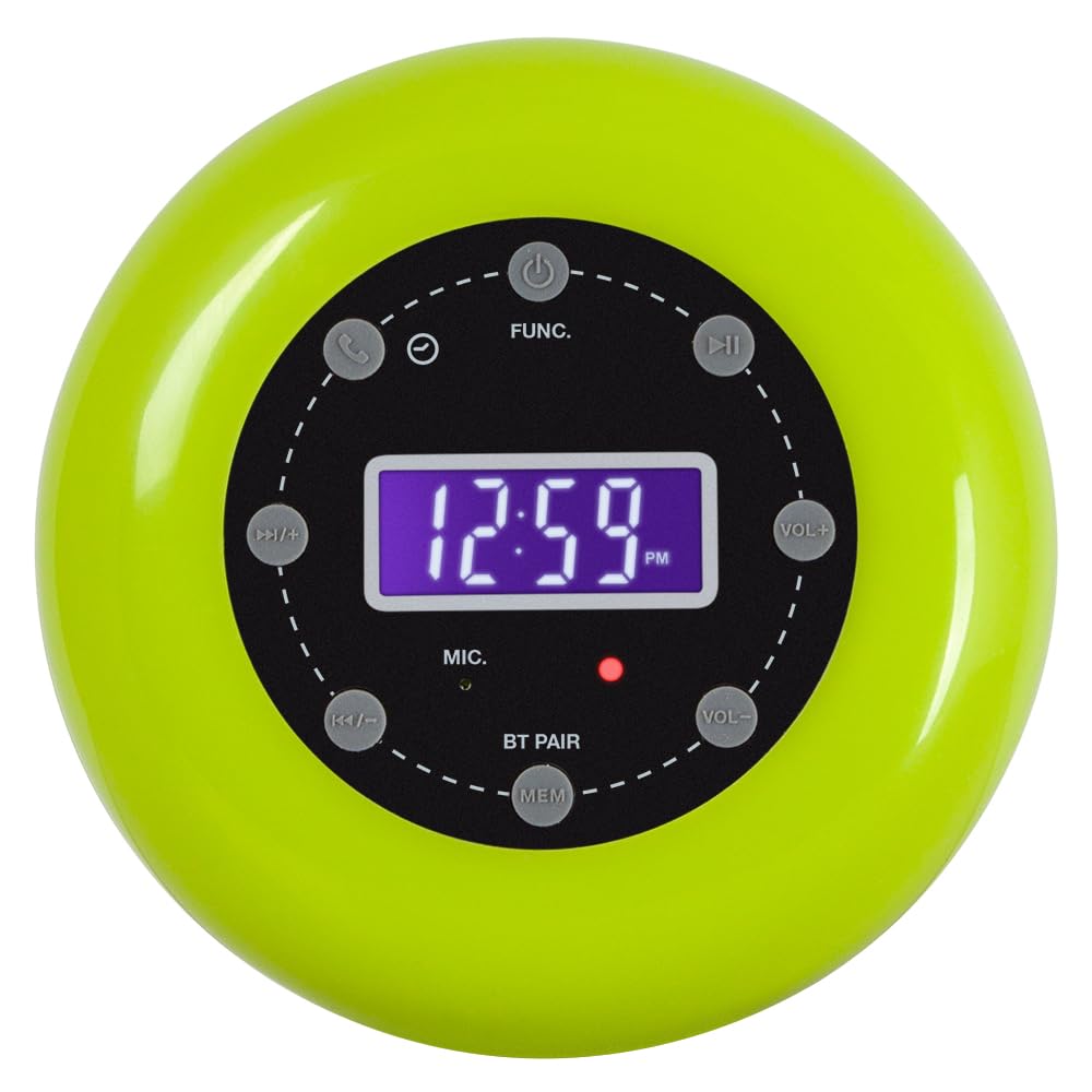HANNLOMAX HX-159CR Shower Clock Radio, PLL FM Radio, Bluetooth with Hand-Free Function, LCD Display, Waterproof (IPX4), Built-in Li-ion Rechargeable Battery, Unique Suction Cup Design. (Green)
