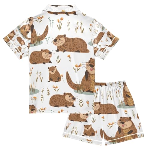 senya Cute Beavers Satin Summer Pajama Sets Silk Short Sleeve Button Down Sleepwear2