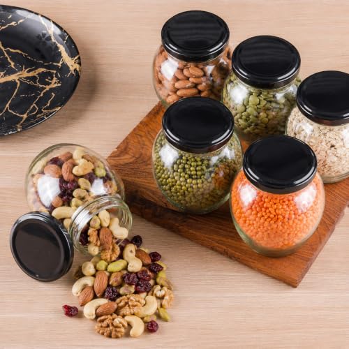 Image of Transparent Glass Jar and Container Air Tight Black Lid for Kitchen 400 ml Matki Glass Jar with Airtight Metal Lid Pack of 6.