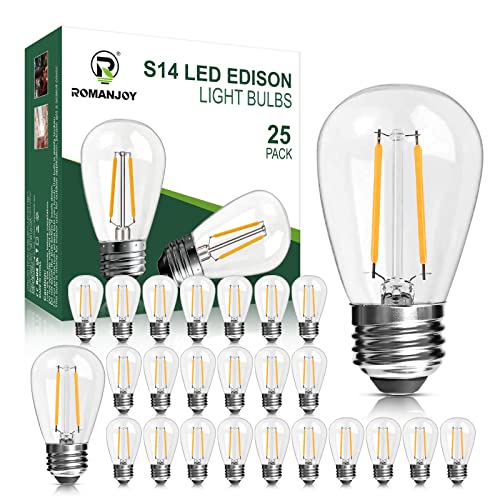 ROMANJOY 25 Pack S14 Replacement Led Light Bulbs for Outdoor String Lights, 2W E26 Medium Screw Base Edison Bulbs Equivalent 20Watt, 2700K Warm White for Commercial Outdoor Patio Garden Vintage Lights ROMANJOY 25 Pack S14 Replacement Led Light Bulbs for Outdoor String Lights, 2W E26 Medium Screw Base Edison Bulbs Equivalent 20Watt, 2700K Warm White for Commercial Outdoor Patio Garden Vintage Lights