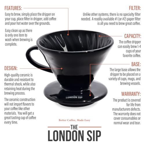 Image of The London Sip Ceramic Coffee Dripper Pour Over Ceramic Coffee Maker, Coffee Slow Brewing Accessories for Home, 1-4 Cup, Black