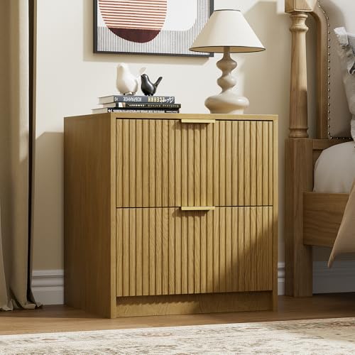 Image of Furniway 3 Piece Bedroom Set, 6 Drawer Dresser and Nightstand Set of 2 with Gold Handles, Mid-Century Modern Wood Chest of Drawers Storage Cabinet for Bedroom, Natural Oak